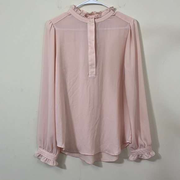 LOFT Ruffle Neck Smocked Cuffs Pale Pink Semi Sheer Blouse M - Picture 1 of 8